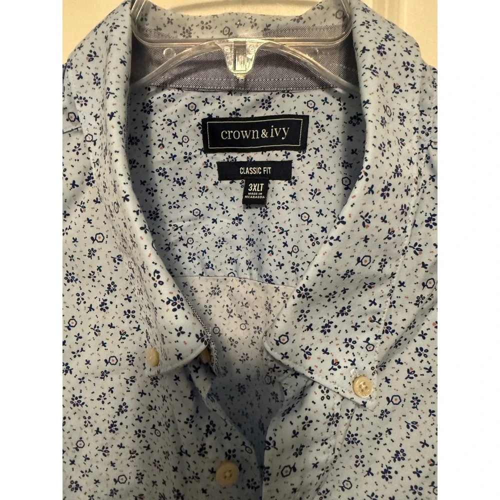 Crown & Ivy Mens 3XLT Classic Fit Floral Microprint Button Down Shirt Light Blue